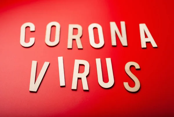 Coronavirus Word Text Wood Letter Red Background Corona Virus Covid — ストック写真