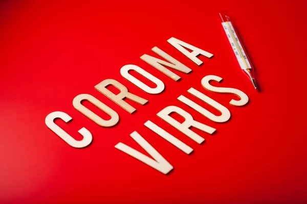 Coronavirus Text Wooden Letter Red Background Corona Virus Covid — 스톡 사진