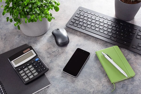 Escritorio Oficina Casa Con Teclado Ordenador Teléfono Inteligente Plantas Interior — Foto de Stock