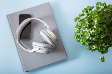 sesli kitap konsepti modern kablosuz kulaklıklar akıllı telefon ve kitap