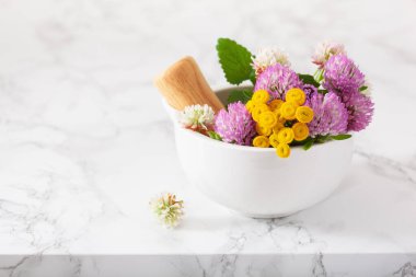 Tıbbi bitkiler havanda. Yonca folyo tansy rosebay