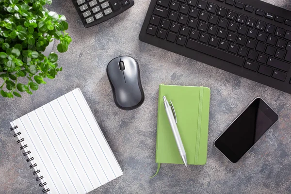 Home Office Desk Keyboard Computer Smartphone Notebook Houseplants Workspace Home — Stock Photo, Image