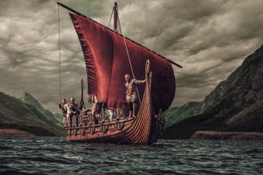 Group of vikings are floating on the sea on Drakkar with mountains on the background clipart