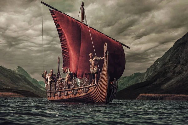 Grupp av vikingar flyter på havet på Drakkar med bergen i bakgrunden — Stockfoto