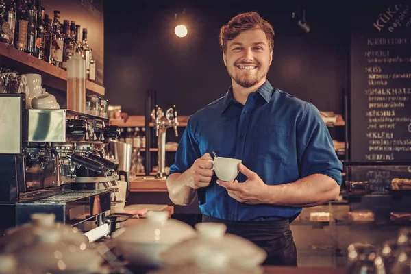 Knappe barista in zijn koffieshop — Stockfoto