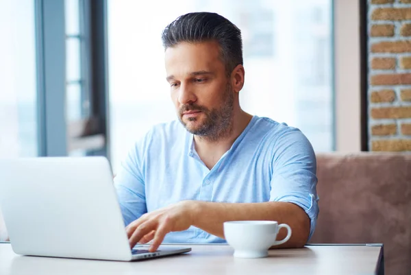 Snygg man med kopp kaffe med hjälp av laptop hemma — Stockfoto