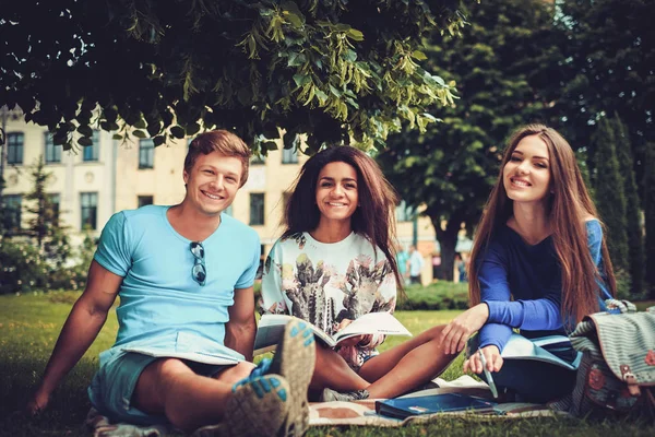 Grupo de estudantes multi étnicos em um parque da cidade — Fotografia de Stock