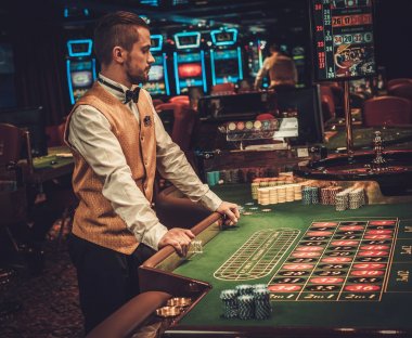 Dealer behind table in a casino clipart
