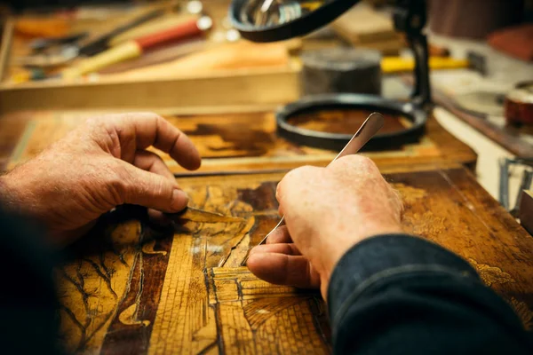 Senior trä snida professionell under arbetet — Stockfoto