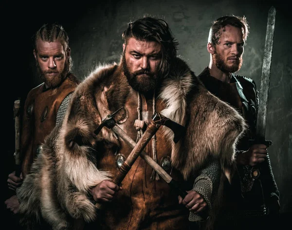 Vikings com seu konung em uma roupa de guerreiro tradicional . — Fotografia de Stock