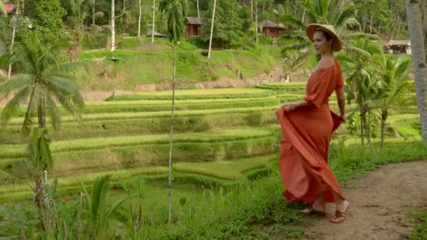 Женщина идет по Тегалаланг Райс Террас, Бали — стоковое видео