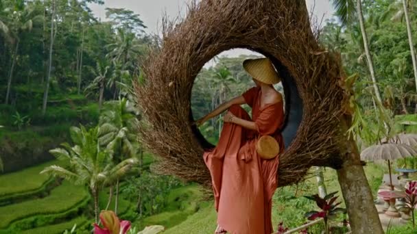 Vrouw enyoing wiew van Tegalang Rice Terrace, Bali — Stockvideo