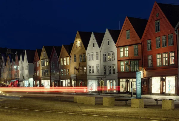 Vista Tyskebryggen Bergen Noite Noruega — Fotografia de Stock