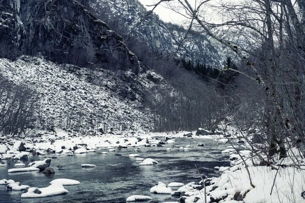 ノルウェーのNaeroydalen渓谷のSthalheimsfossen滝から流れる川 — ストック写真