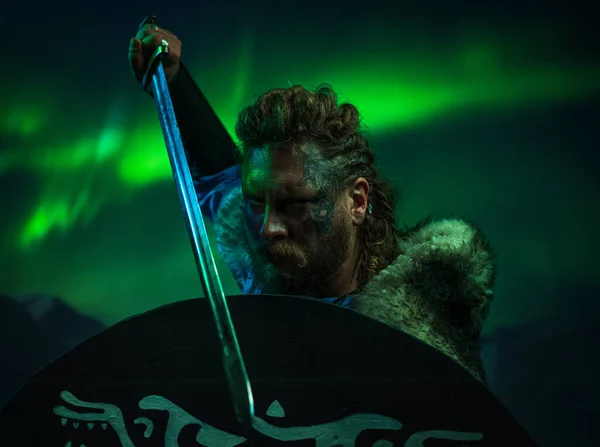 Viking Warrior Aurora Borealis — Stock Photo, Image