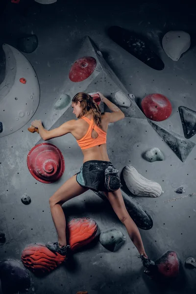 Athletic female climbing on a climbing wall — Stock Photo, Image