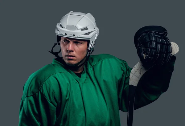 Hockey player holds gaming stick