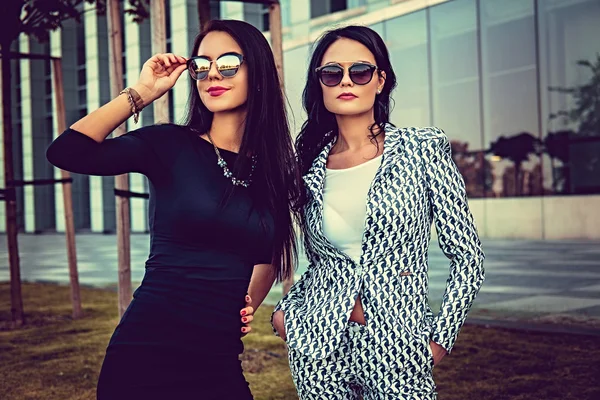 Две модные женщины в стильной одежде — стоковое фото