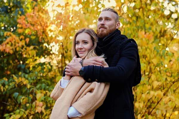 Attractive male hugs blonde female — Stock Photo, Image