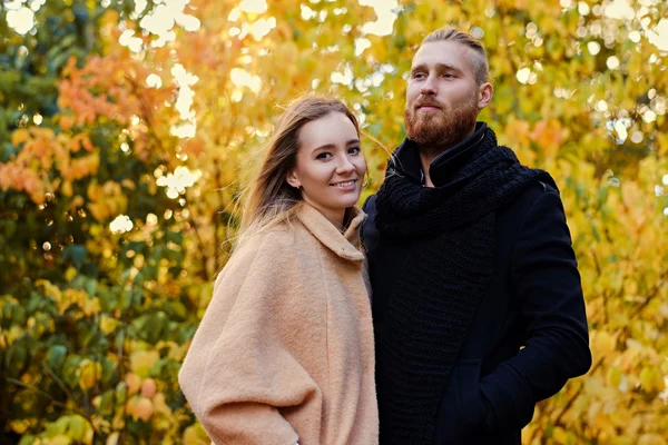 Pareja cariñosa en una cita en un parque de otoño —  Fotos de Stock
