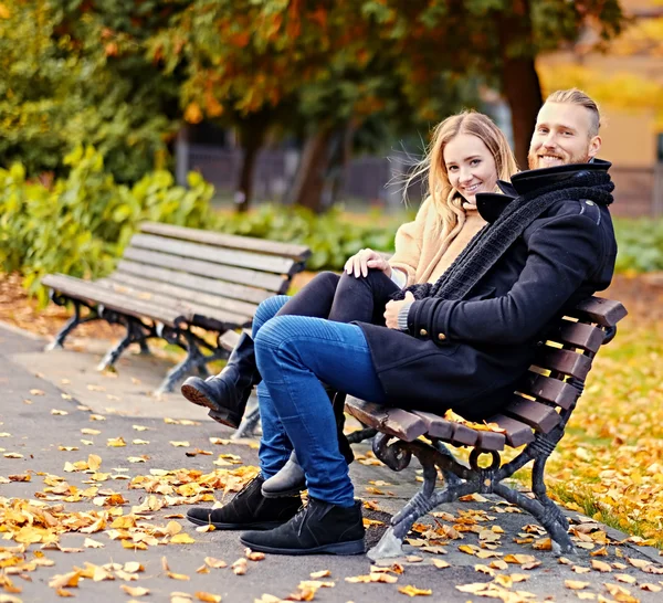 Pareja sonriente positiva en el parque de otoño — Foto de Stock