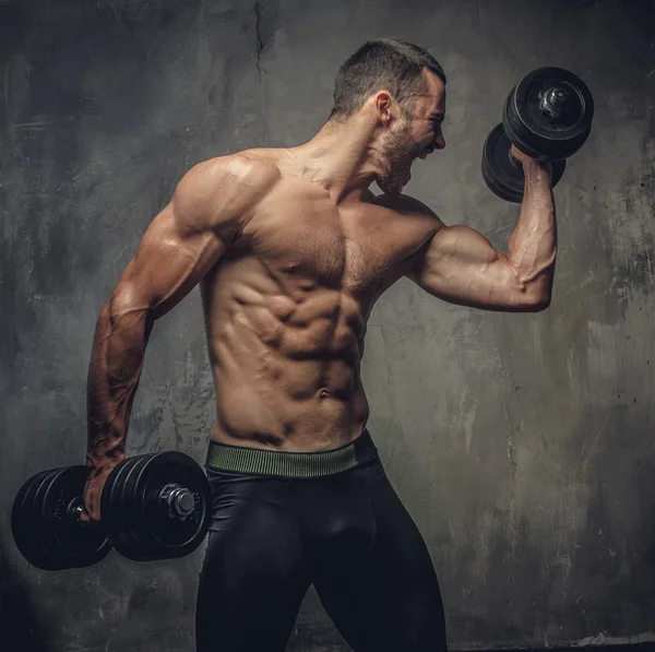 Screaming muscular male with dumbbells — Stock fotografie