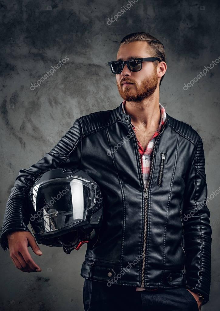 Redhead man in motorcycle leather jacket — Stock Photo © fxquadro
