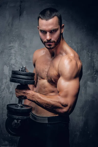 Homem musculoso barbudo segurando halteres — Fotografia de Stock