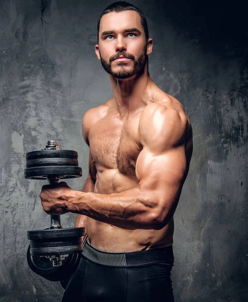 Homem musculoso barbudo segurando halteres — Fotografia de Stock