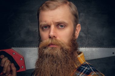 Sakallı marangoz adam el testeresi holding.