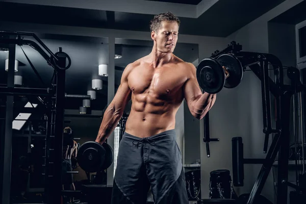 Homem muscular fazendo exercício bíceps — Fotografia de Stock