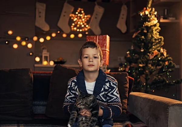 Kleiner Junge umarmt eine Katze — Stockfoto