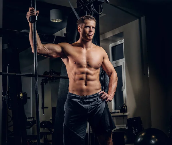 Muscular man posing with barbell — Stock Photo, Image