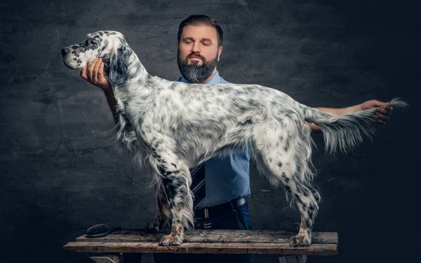 Homem de meia idade e cão de caça irlandês — Fotografia de Stock