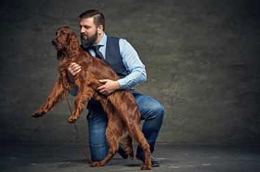 Adam ve İrlandalı kırmızı setter köpek