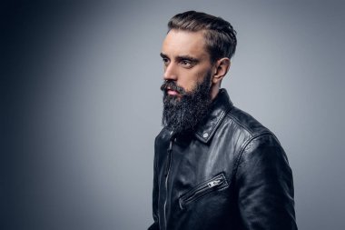Bearded male in black leather jacket clipart