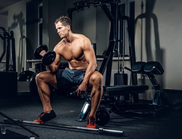 Homme musculaire faisant des séances d'entraînement biceps — Photo