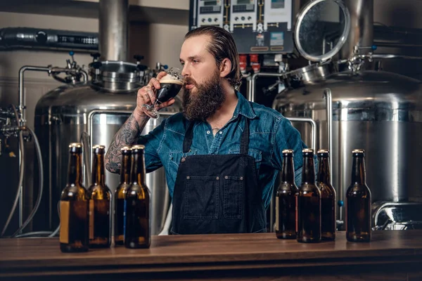 Homem barbudo provando cerveja — Fotografia de Stock