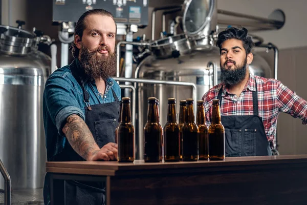 Homens apresentando cerveja artesanal — Fotografia de Stock