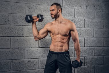 Gömleksiz erkek dumbbells ile egzersiz yapıyor