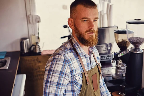 Bärtiger Kaffeeverkäufer an seinem Arbeitsplatz — Stockfoto