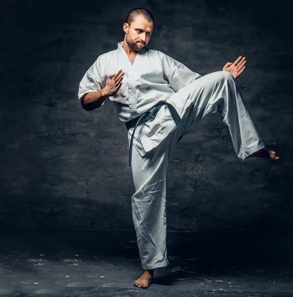 Karate harcos öltözött egy fehér kimonó — Stock Fotó