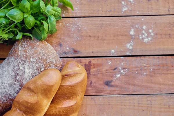 Stokbrood en een groene basilicum — Stockfoto