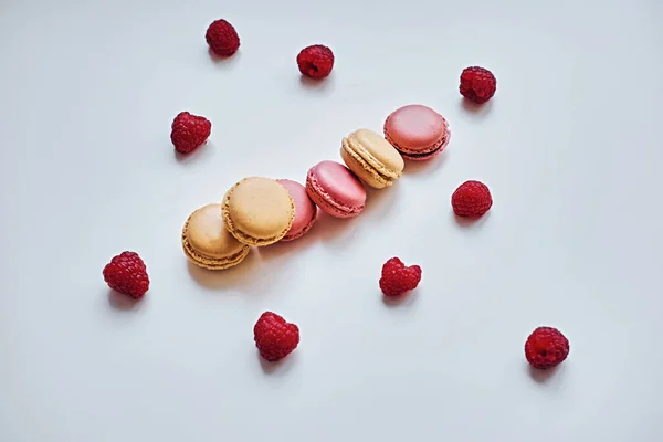 Delicious, colorful cookies and red raspberries — Stock Photo, Image