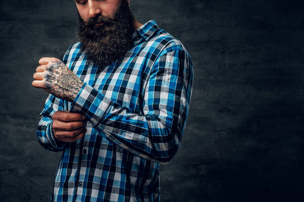 Bearded man in a blue fleece shirt