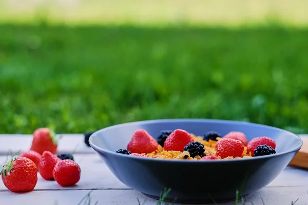 Corn flakes on a strawberries and blackberries — Stock Photo, Image
