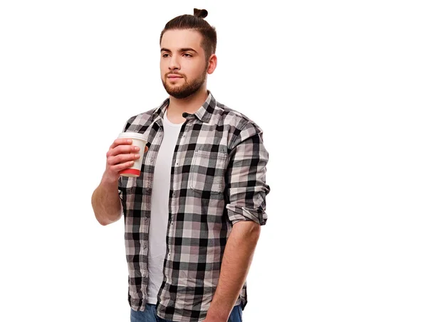 Male holds hot paper coffee cup — Stock Photo, Image