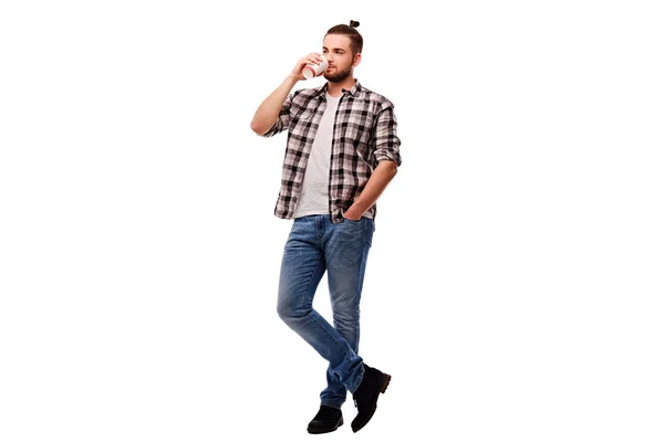 Man holds hot coffee cup — Stock Photo, Image