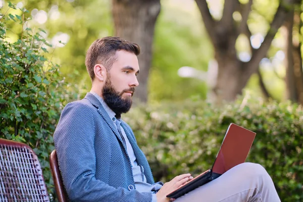 Male using laptop in a park. — Stock Photo, Image