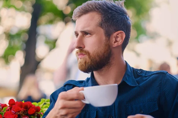 Bir kafede sakallı Kızıl saçlı adam — Stok fotoğraf
